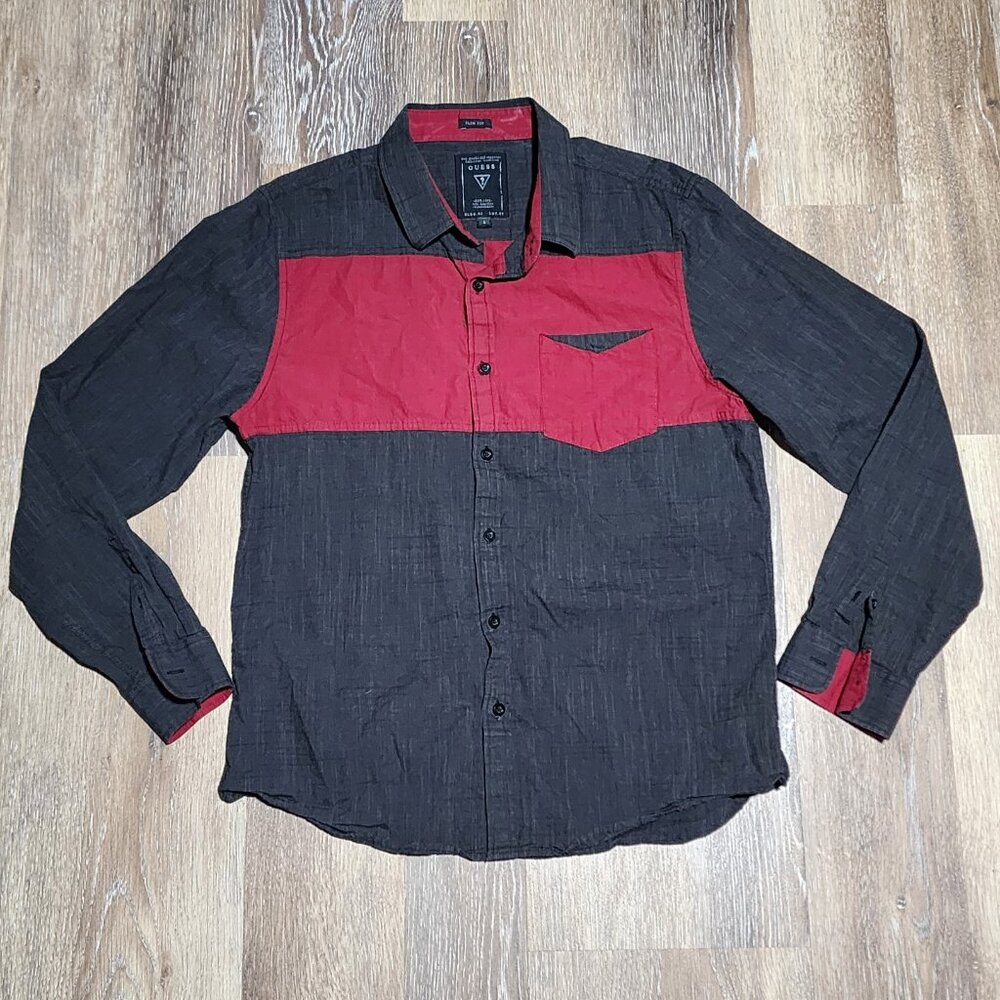 Guess Slim Fit Button Up Shirt Men’s L Black Red‎ Colorblock Long Sleeve Casual